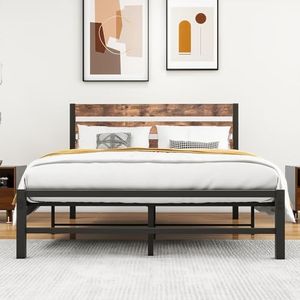 VERFARM Double Metal Platform Bed Frame with Rustic Vintage Wooden Headboard, Mattress Foundation, No Box Spring Needed/Noise-Free/Easy Assembly, Black-Brown