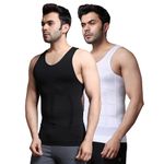 FF Slim Fit Tummy Tucker Vest for Men Gynecomastia Compression Shirts Belly Slimmer for Men Shapewear Stretchable Undershirt Vest – Pack of 2 – Black & White - Medium