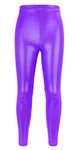 Girls Shiny Dance Leggings Metallic Athletic Leggings Fashion Wet Look Leggings Kids Stretch Tight Pants Purple