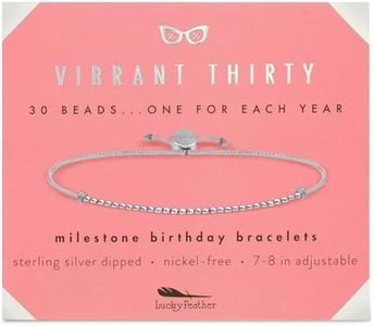 Lucky Feather 30th Birthday Gifts for Women; 30th Birthday Bracelet with 30 Sterling Silver Dipped Beads on Adjustable Cord; 30 Birthday Gift Ideas for Her