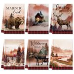 Mixweer 6 Pcs Wildlife Towels 16 x 24 Inch Forest Animals Kitchen Towels Wildlife Dish Towels Moose Deer Bear Hand Towels Cabin Tea Towel Absorbent Dishcloth for Kitchen Bathroom Decor