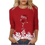 Today Deals Christmas Shirt for Women UK Ugly Round Neck T-Shirt Snowflake Christmas Tree Wine Glass Print 3/4 Sleeve Tops Loose Fit Shirt for Ladies 2024 Trendy Casual Blouse Xmas Top