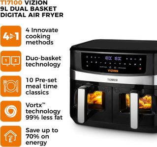 Tower Vortx Vizion 9L Dual Air Fryer – Large Capacity, Black