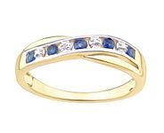 Old English Jewellers 9ct Yellow Gold on Silver Sapphire & Diamond Crossover Eternity Ring sizes J - V (Q)