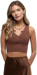 August Sky Women's Knit Crop Top - Sleeveless Ribbed with Snap Button Closure Tank Top, Solid_brown, Medium