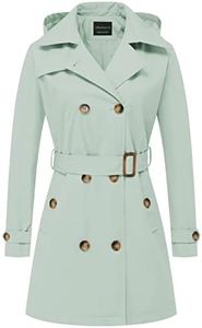 CREATMO US Women's Trench Coat Double-Breasted Classic Lapel Overcoat Belted Slim Outerwear Coat with Detachable Hood, Light Green, Large, (CMU-FY299)