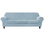 SYLC 4 Pieces Sofa Slipcover Stretch Velvet, Sofa Cover 3 Seater with 3 Separate Seat Cushion Covers, Couch Furniture Protector Collection Split Set (Light blue)