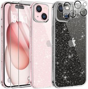 AROYI 5 en 1 Funda Compatible con iPhone 15 Glitter Carcasa con 2 Cristales Templados 2 Protecciones para la Cámara Funda de Silicona Brilla arañazos Cubierta Brillo Shockproof Bumper Case