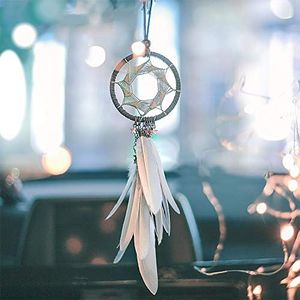 Alynsehom Dream Catcher Car Interior Rearview Mirror Hanging Decor Handmade Grids Nature Feather Small Boho Car Charms Pendant Accessories (Grey feather)