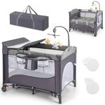 Maxmass 6-in-1 Baby Travel Cot, Infant Bedside Sleeper with Detachable Changing Table, Music Box and Hanging Toys, Adjustable Nursery Center for Newborn Toddlers (Classic)