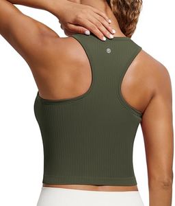 CRZ YOGA Womens Seamless Ribbed Longline High Neck Sports Bra - Racerback Padded Slim Fit Crop Tank Top with Built in Bra Olive Green Medium
