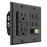 TNP Multimedia Outlet Box (Black) - HDMI Outlet Wall Plate with USB Charging, USB Wall Plate Charger and Power Outlet 15A, 4 HDMI Ports, 1 Cat6 RJ45 Ethernet Port, Coaxial Cable Outlet, Keystone Jack