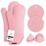 Rorecay Extra Long Oven Mitts and Pot Holders Sets: Heat Resistant Silicone Oven Mittens with Mini Oven Gloves and Hot Pads Potholders for Kitchen Baking Cooking, Quilted Liner, Pack of 6 (Pink)