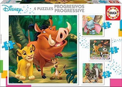 Educa - Puzzle progressivi di cartone per bambini | Disney Animals Dumbo, Bambi, Lion King and Jungle Book. Dimensioni: 40 x 28 cm. 4 puzzle da 12 a 25 pezzi. Da 3 anni (18104)