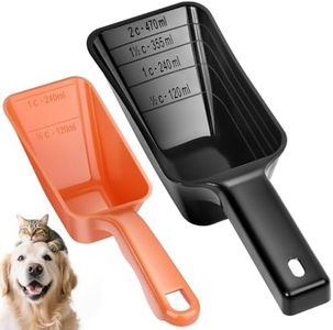 GNEOCO 2 Pack Dog Food Scoop with 1 Cup and 2 Cup Capacity, Plastic Pet Food Measuring Scoops with Clear Measurement Lines for Dogs, Cats & More,Dishwasher safe (Orange and Black)