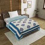 BLOCKS OF INDIA Cotton Single Size Quilt Hand Block Print for Light Winters (60x90 Inches) (Blue PAAN), Lightweight