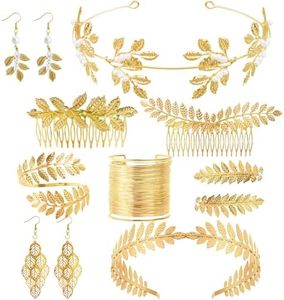 10 Pezzi Dea Greca Costume Accessori Set, Corona Della Dea Oro, Corona Dea Tiara con Orecchini Bracciale Pettine per Capelli per Donne in Feste di Matrimonio Uso Quotidiano di Halloween