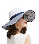 CLOTHERA Summer Brim Floppy Straw Beach Hats for Women (NavyBlue & Beige Striped)