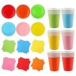 Fowecelt Party Plates Cups Napkins - 90pcs Paper Plates and Cups Set, Rainbow Party Tableware, Neon Party Supplies, Coloured Paper Plates Multicolor Cups Rainbow Napkins for Birthday Decoration