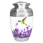 NANIURN Hummingbird, Silvery Base Engraved Cremation Urns for Human Ashes Adult Male & Female Urns Display at Home or Niche at Columbarium, Aluminum Funeral Urn, Purple Flower Design - Large