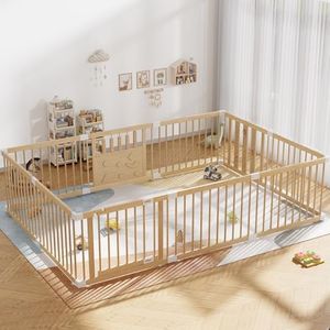 Wooden Baby Playpen with Child Safety Lock, Extra Large Play Yard for Babies and Toddlers, Indoor Play Pen for Kids Activity Center, Portable Natural Wood Fence, Expandable, Suction Cups, 10 Panels