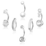 Yolev 6 Pcs Belly Button Bars Dangly Belly Button Piercing Silver Belly Button Ring Ball Stainless Steel Navel Piercing Jewelry Men Various Sizes Round Pearl Diamond 15G 16G Silver Belly Bar