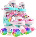 Ceestyle Rainbow Adjustable Quad Roller Skates Kids, All Light Up Wheels of Skates Shine, Illuminating Light Up Wheels, With Built In Adjusters Kids Roller Boots for Boys and Girls, Pink 1-4.5