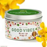 MAGNIFICENT 101 GOOD VIBES Aromatherapy Candle as Blessings Magnet - Sage, Bergamot, Sandalwood Scented Natural Soybean Wax Tin Candle for Purification and Chakra Healing Under $20