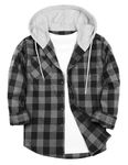 TARAINYA Mens Flannel Hooded Shirts Plaid Casual Long Sleeve Drawstring Shirt with Pockets Grey Black Buffalo L