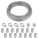 YSDMY 21 Pcs Wire Rope Thimble Kits 10M Stainless Steel PVC Coated Wire Cable with Aluminum Crimp Sleeve,Thimble,Wire Clamps, for Gardening Cord,Railing Decoration,Outdoor String Lamp Light Suspension