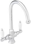 ENKI, Dorchester, KT041, Chrome Polished Brass Dual Flow Kitchen Sink Mixer Tap for Basin, with Twin White Levers Swivel Spout Perfect for Double Bowl Sinks, Easy Safe to use Drip Free Ceramic Valve