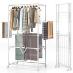 RELAX4LIFE Folding Clothes Drying Rack, H-shaped Aluminum Laundry Rack Stand with 4 Universal Wheels, Hanging Rods, 2 Folding Side Shelves & Detachable Middle Shelf, Collapsible Hanging Dryer Hanger