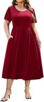 IN'VOLAND Plus Size Womens Summer Casual Short Sleeve Crewneck Swing Dress Flowy Maxi Beach Dress with Pockets Wine Red