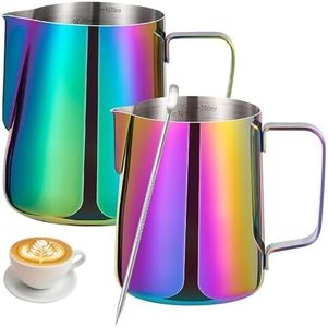 12&20oz Milk Frother Cup, Stainless Steel Milk Frothing Pitcher with Decorating Pen, Latte Art Pour Steamer Cup&Espresso Steaming Jug with Handle for Cappuccino Coffee Machine Accessories, Dazzling