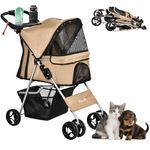 PawHut Dog Stroller, One-click Folding Pet Stroller with Cup Holder, 4 Wheels Travel Carrier w/Brakes, 360° Swiveling Front Wheels, Storage Basket, for XS/Small Dogs Cats, Coffee