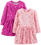 Simple Joys by Carter's Girls' 2-Pack Long-Sleeve Dress Set Casual, Blush Unicorn/Dark Pink Floral, 4 Years (Pack of 2)