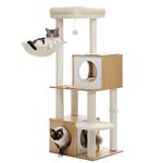 PETEPELA 130cm Cat Tree Wooden Cat Tower with Double Large Condos xl, Spacious Perch, Fully Wrapped Scratching Sisal Posts and Replaceable Dangling Balls-Beige