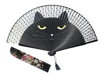 Women Cartoon Cat Folding Silk Fan Jepanese Girls' Handheld Fan (Black)