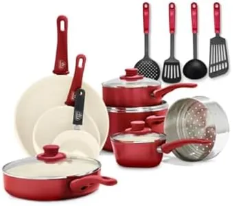 GreenLife Soft Grip Healthy Ceramic Nonstick, 16 pc Cookware Pots and Pans Set, PFAS-Free, Dishwasher Safe, Red