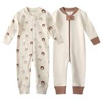 Owlivia Organic Cotton Baby Boy Girl Zip Up Sleep N Play, Footless Baby Romper, Long Sleeve Baby Pyjama (3-6 Months, Beige&Bear)