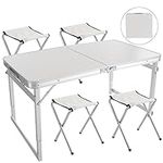 Rainberg Camping Table Set with 4 Chair, Outdoor Indoor Use for BBQ Picnic Garden Parties Set In White Foldable Portable Design 4FT Size