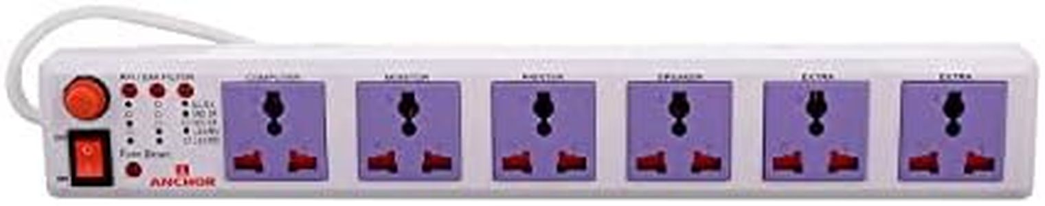 Anchor by Panasonic 6 way Universal Socket with Single Switch | 6 Way Extension Board with 1.5 Mtr Extension Cord | Multi Plug Socket for Home Wall, Office (22579)