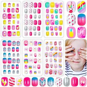 144 Pieces Fake Nails for Kids Girls Artificial Kids Press on Nails Full Cover Short Acrylic Stick On Nails False Nail Tips Kit for Children Little Girls Nail Art Decoration (pink style)