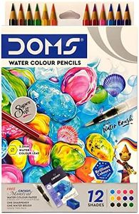 DOMS Super Soft Hexagonal Pre-Sharpened Water Soluble Colour Pencils | Free Watercolor Paper, Sharpener & Water Brush | 3.3mm Watercolor Lead | 12 Shades | Pack of 1
