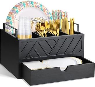 Paper Plate Dispenser with Drawer, Paper Plate Holder for Kitchen Counter, Wood Rustic Silverware Utensil Caddy, Cutlery Flatware Organizer for Cup Spoon Fork Plates Napkins, Black Kitchen Accessories