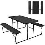 GYMAX Picnic Table, 550 LBS Folding Picnic Tables with Benches & Seats, Weather-Resistant Easy Setup Portable Picnic Table, Wood-Like Foldable Picnic Tables for Outdoors Patio Deck Party BBQ (Black)