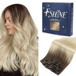 Fshine Ombre Clip in Hair Extyensions 14 Inch Dark Brown to Light Brown and Bleach Blonde Hair Extensions Clip in Human Hair Balayage Clip in Extensions for Women 120g 7PCS