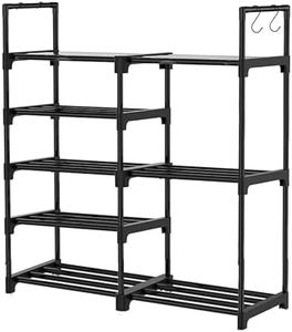 Wadayu Metal Shoe Rack with Hanging Hooks, Stackable Shoes Organizer Storage Shelf for Closet Entryway Hallway (Black, 5-Tier)