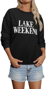 Ezcosplay Women Cute Lake Weekend Sweatshirt Letter Print Shirts Casual Loose Pullover Tops Black