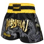 EVO Fitness Muay Thai Shorts MMA Martial Arts Grappling Kick Boxing UFC Cage Fighting Gym Training Men Women Clothing Gear (UK, Alpha, Regular, Regular, Black & Golden, S)